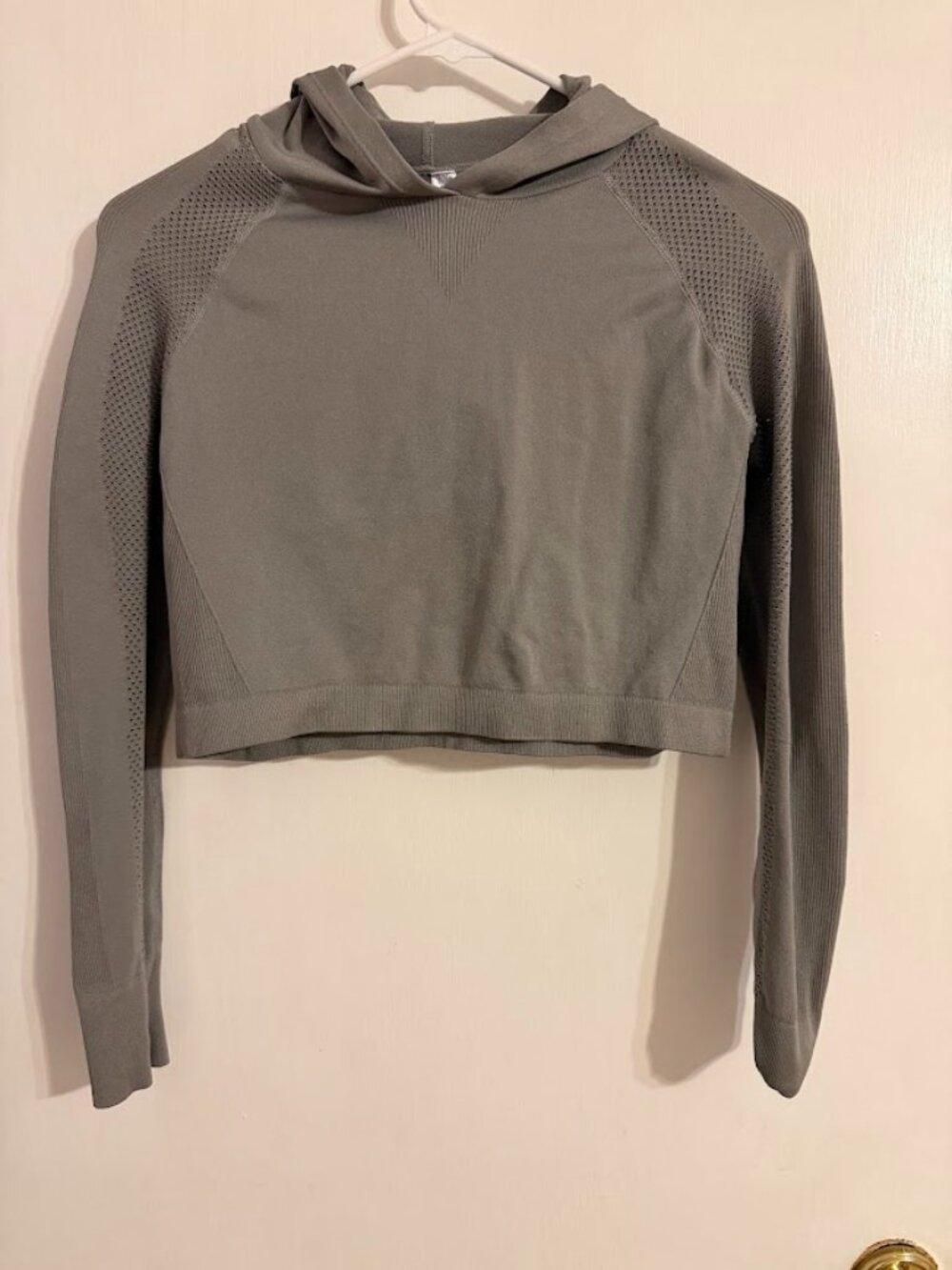 Grey Cropped Hoodie with Mesh Panel Detail